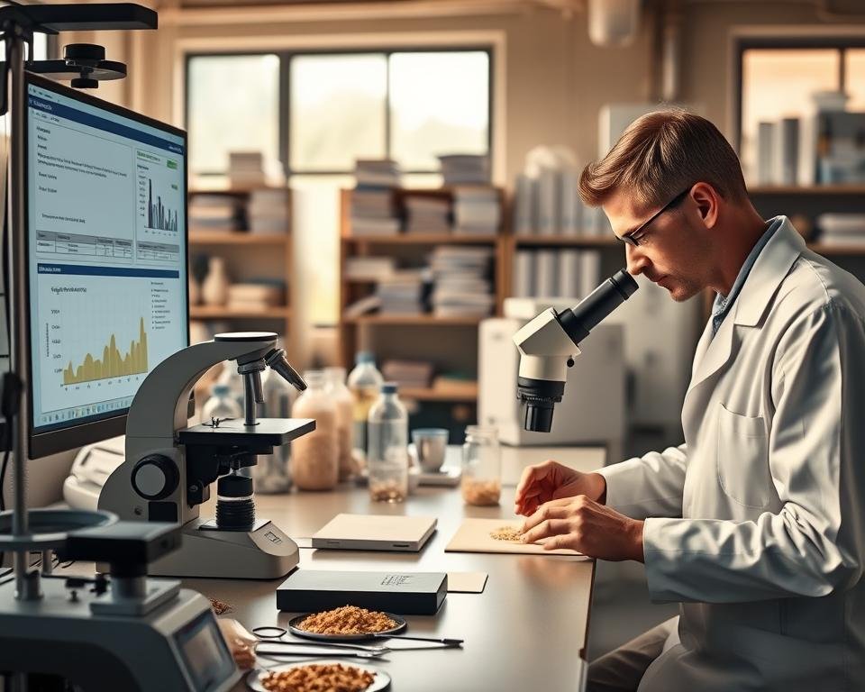 A well-equipped laboratory with specialized equipment for poultry feed analysis and formulation. In the foreground, a technician in a white lab coat carefully examines a sample under a high-powered microscope. On the counter, various testing instruments and calibrated measuring devices are neatly arranged. In the middle ground, a computer displays graphs and charts, indicating the nutritional profile of different feed ingredients. The background features shelves stocked with reference materials and technical manuals, providing a sense of the scientific expertise required to customize poultry feed formulas. Warm, natural lighting filters in through large windows, creating a professional and authoritative atmosphere.