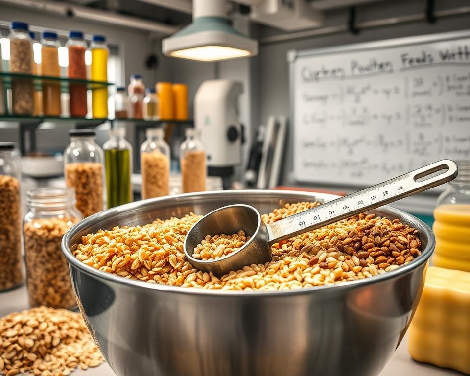 A well-lit and detailed laboratory setting with scientific equipment and test tubes filled with various grains, seeds, and supplements. In the foreground, a stainless steel mixing bowl with a diverse array of poultry feed ingredients - whole grains, proteins, vitamins, and minerals. Midsection showcases a scoop measuring the precise ratios of each component. In the background, a large whiteboard displays formulas, calculations, and notes on optimizing the nutritional profile. The overall mood is one of precision, research, and a dedication to improving poultry health through thoughtful feed design.