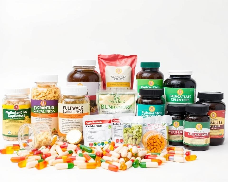 A well-lit, close-up photograph of an assortment of poultry health supplements against a clean, white background. In the foreground, a variety of capsules, tablets, and powder supplements in jars and bottles, each labeled with their key nutrients and benefits for poultry. In the middle ground, a few packets of feed additives and boluses. The background is simple and uncluttered, allowing the supplements to be the focal point. The lighting is soft and even, highlighting the vibrant colors and textures of the products. The overall composition is balanced and professional, capturing the essential elements of a poultry health supplement lineup.