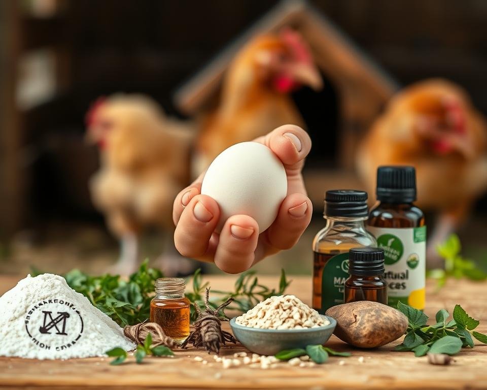 A well-lit, close-up view of a hand gently holding an organic chicken egg, surrounded by various natural pest control methods. In the foreground, herbs, essential oils, and diatomaceous earth are artfully arranged. The middle ground features a soft-focus chicken coop in the background, emphasizing the educational aspect of sustainable poultry parasite management. The lighting is warm and inviting, with a shallow depth of field to draw the viewer's attention to the central subject. The overall composition conveys a sense of care, simplicity, and a holistic approach to maintaining a healthy, organic poultry flock.