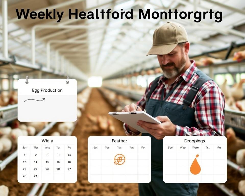 A well-lit, detailed diagram depicting a weekly poultry health monitoring schedule. In the foreground, a calendar grid with icons representing common avian health checkpoints: egg production, feed/water intake, feather condition, and droppings. In the middle ground, a close-up of a farmer meticulously recording data on a clipboard. The background features a clean, modern poultry barn interior with rows of coops and a bright, airy atmosphere. The overall composition conveys a sense of organization, diligence, and a commitment to proactive flock management.