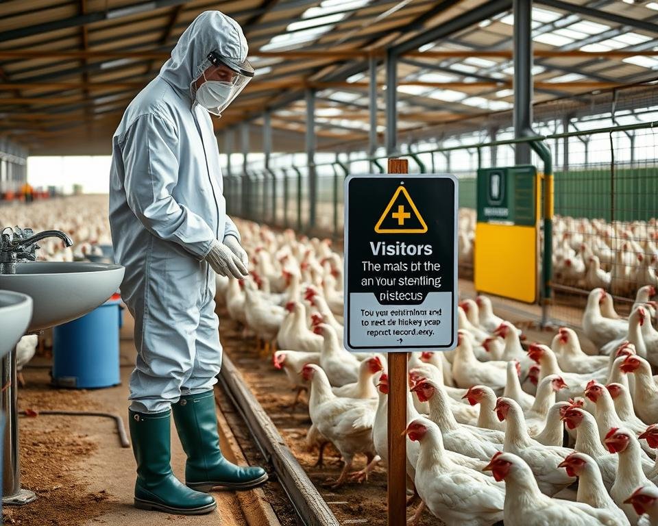A well-lit, documentary-style photograph of a modern poultry farm showcasing various biosecurity measures. In the foreground, a worker wearing a biosecure coverall and rubber boots disinfects their hands at a hand-washing station. In the middle ground, a sign instructs visitors to follow strict biosecurity protocols. In the background, a high-security fence surrounds the farm, and a vehicle decontamination zone is visible. The image conveys a sense of diligence, safety, and the importance of meticulous record-keeping to protect the flock.