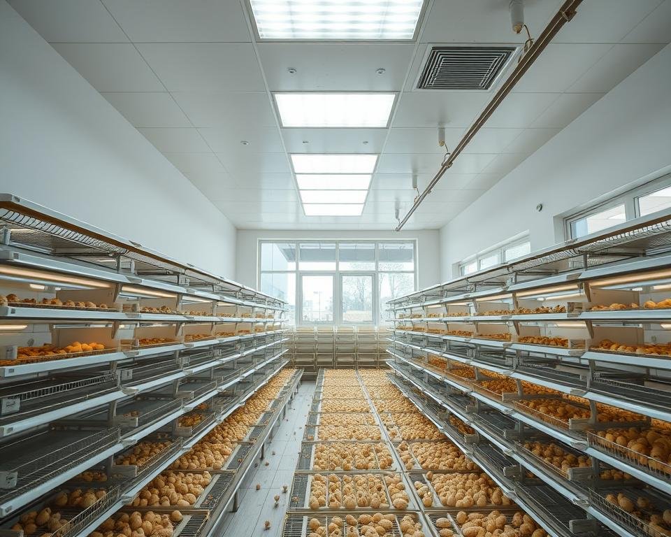 A well-lit hatchery interior with an array of modern incubators and hatching trays. Soft, diffused lighting emanates from overhead LED panels, creating an even, natural-looking illumination across the space. The walls are painted a neutral, calming tone to minimize visual distractions. Large windows allow for ample natural daylight, while blackout curtains can be adjusted to maintain precise lighting conditions. The camera angle is angled slightly downward, providing a comprehensive view of the organized, climate-controlled environment essential for successful avian incubation.