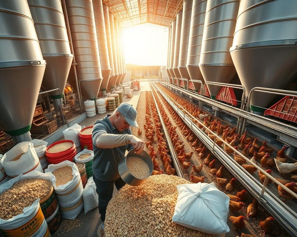 A well-lit, high-angle shot of a modern poultry farm feed silo and storage area. In the foreground, a worker is carefully measuring and pouring feed into a metal scoop, surrounded by various feed bags and containers. The middle ground features rows of automated feed dispensers and conveyor belts moving feed toward the chicken coops. In the background, the sun casts a warm glow over the scene, highlighting the efficient, well-organized feed management system. The overall atmosphere conveys a sense of precision, sustainability, and attention to detail in poultry feed handling.