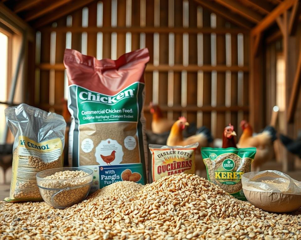 A well-lit, high-resolution image of an assortment of different types of chicken feed arranged in the foreground. In the middle ground, a large bag of commercial chicken feed and various supplements like grains, seeds, and grit. In the background, a rustic wooden barn or coop with natural light streaming in, creating a warm, earthy atmosphere. The image should convey a sense of nutritional abundance and care for the poultry's dietary needs, showcasing the diverse range of feed options available to support a healthy flock.