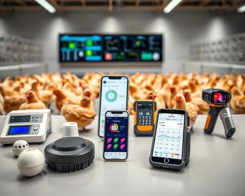 A well-lit, high-resolution photograph of a collection of poultry labor efficiency tools arranged on a neutral-colored surface. In the foreground, a digital egg counter, a smart livestock scale, and a motion sensor for automatic feeding. In the middle ground, a digital tracking app displaying worker productivity metrics, a handheld RFID reader, and a thermal imaging camera for monitoring bird health. In the background, a sleek, modern poultry farm control panel with touchscreen interfaces. The overall scene conveys a sense of technological innovation and data-driven decision making in the service of optimizing poultry labor management.