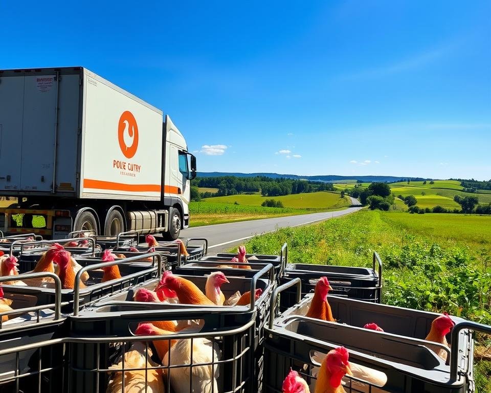 A well-lit, high-resolution photograph of a poultry transport vehicle, such as a large semi-truck or trailer, on a rural road. The vehicle's exterior should be clean and well-maintained, with prominent branding or logos indicating it is used for poultry transportation. In the foreground, several crates or cages containing various breeds of chickens, turkeys, or other domestic fowl should be visible, with the birds visible through the crate openings. The middle ground should feature a lush, pastoral landscape with rolling hills, distant trees, and a clear blue sky. The overall mood should convey a sense of efficiency, care, and attention to the safe and responsible transportation of live poultry.