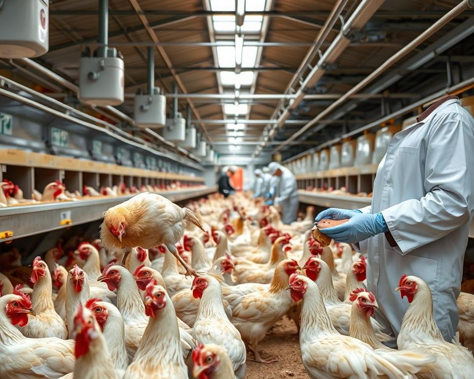 A well-lit, high-resolution photograph of a professional poultry farm, showcasing various disease control measures. In the foreground, a veterinarian examines a chicken, carefully checking for signs of illness. In the middle ground, workers disinfect coops and tend to a flock of healthy, well-groomed birds. The background features a state-of-the-art biosecurity system, with controlled entry points, air filtration, and proper waste management protocols. The overall scene conveys a sense of diligence, cleanliness, and a proactive approach to maintaining the health and well-being of the poultry herd.