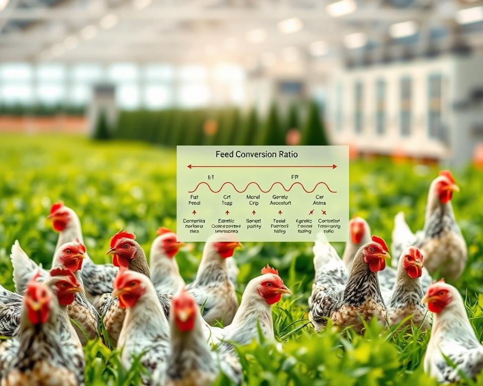 A well-lit, highly detailed illustration depicting the genetic factors influencing poultry feed efficiency. In the foreground, a flock of chickens in a lush, verdant farmland setting, each with distinct feather patterns and body shapes. In the middle ground, a scientific diagram showcasing the relationships between key genetic markers and feed conversion ratio. The background features a softly blurred research laboratory, conveying the scientific understanding behind optimizing FCR through selective breeding. Crisp, high-resolution rendering with a naturalistic color palette and subtle depth of field, evoking the harmony between natural biology and modern agricultural science.