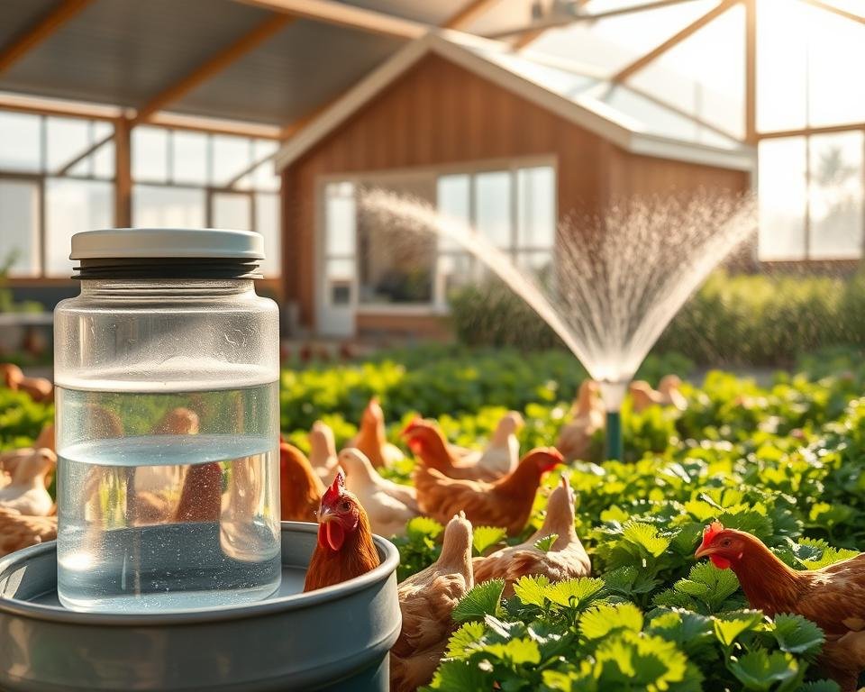 A well-lit, highly detailed scene showcasing water management practices in an aviculture farm. In the foreground, a poultry waterer stands filled with clean, fresh water, surrounded by healthy, vibrant chickens drinking. In the middle ground, an automated watering system sprinkles a fine mist over a lush, verdant garden, nourishing the plants that provide food for the birds. In the background, a modern, efficiently designed coop with a slanted roof to prevent water accumulation. Sunlight streams in through large windows, illuminating the scene with a warm, natural glow. The overall atmosphere conveys a sense of order, sustainability, and the importance of proper water management in a thriving aviculture operation.