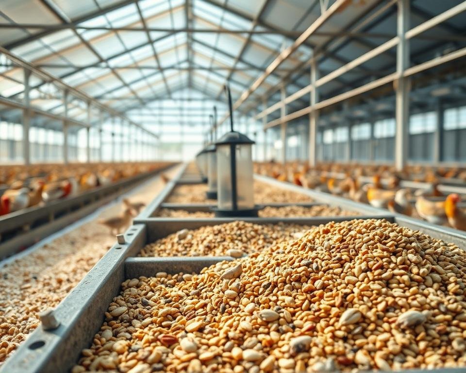 A well-lit indoor farming scene, showcasing a variety of cost-effective aviculture feed options. In the foreground, a feeding trough filled with a diverse mix of grains, seeds, and supplements. Midsection features bird feeders and water troughs, strategically placed to optimize flock access. The background depicts a modern, energy-efficient aviary with abundant natural light, promoting a healthy and productive environment. Subtle color tones and soft shadows create a serene, professional atmosphere, highlighting the importance of implementing practical, cost-saving feeding strategies for aviculture.