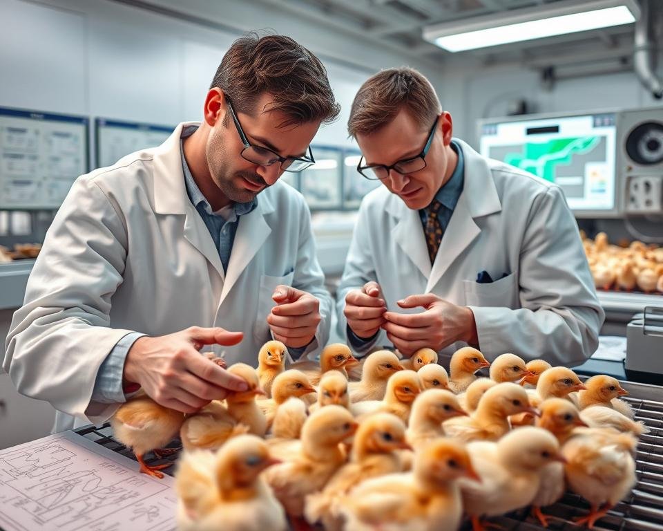 A well-lit laboratory setting, with a focus on a team of scientists in white coats meticulously examining a clutch of freshly hatched chicks. The foreground showcases the researchers' careful handling and observations, their faces reflecting a sense of scientific curiosity and dedication. In the middle ground, intricate diagrams, charts, and monitoring equipment suggest the depth of their poultry breeding research. The background subtly hints at the broader context, perhaps with a view of an aviary or a controlled breeding environment, conveying the systematic nature of their work. The overall mood is one of scientific rigor, attention to detail, and a commitment to advancing the understanding of avian genetics.