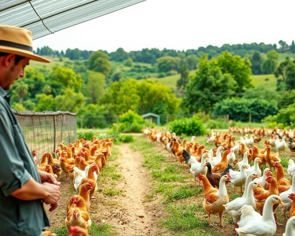 A well-lit, mid-angle view of a modern poultry farm with a focus on integrated pest management practices. In the foreground, a farmer inspects a chicken coop, examining the birds and checking for signs of pests. The middle ground features rows of coops, each with a mix of chickens, ducks, and geese, representing a diverse poultry population. In the background, a lush, verdant landscape with trees, shrubs, and other vegetation, suggesting a natural, holistic approach to pest control. The lighting is soft and natural, creating a calming, professional atmosphere. The overall scene conveys a sense of diligent, sustainable poultry management in line with IPM principles.