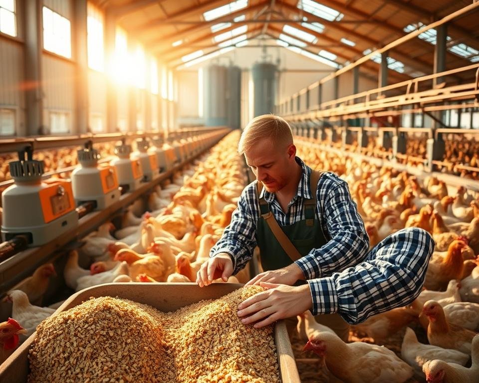 A well-lit modern poultry farm, bathed in warm sunlight filtering through high windows. In the foreground, a farmer meticulously examines a trough of feed, assessing its composition and texture. Behind them, rows of coops housing healthy, content birds, their feathers gleaming. Automated feeders and drinkers dot the scene, optimizing the flow of nutrients. In the distance, a feed silo stands tall, a symbol of the farm's commitment to efficient resource management. The atmosphere exudes a sense of harmony, where cutting-edge technology seamlessly integrates with sustainable farming practices to unlock the full potential of avian productivity.