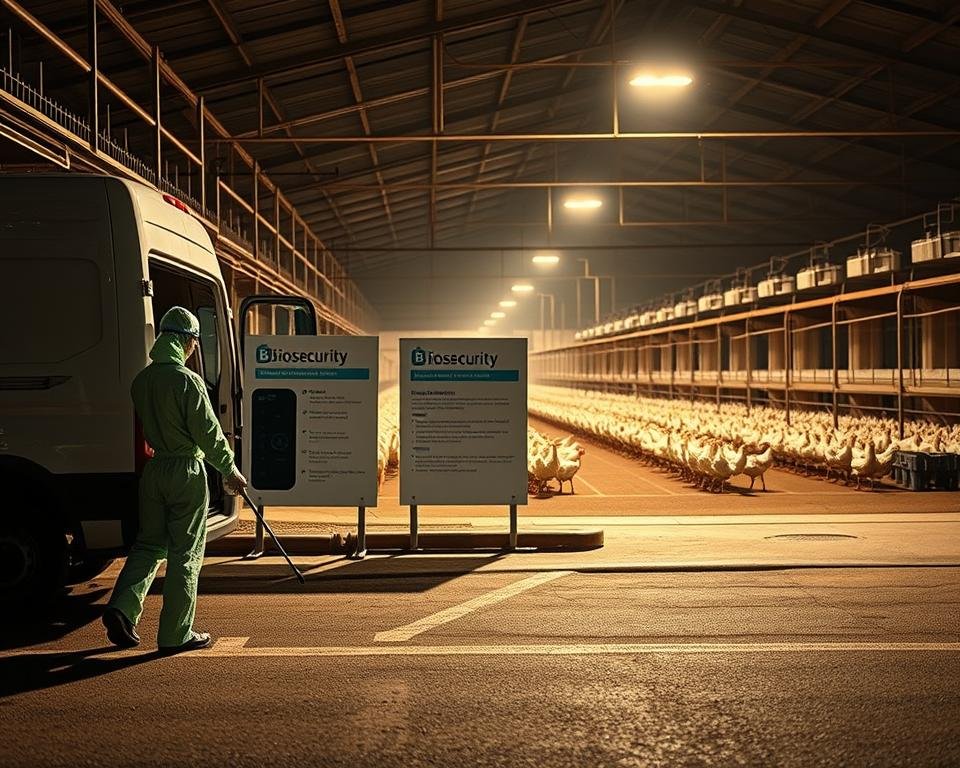A well-lit poultry farm with a modern biosecurity checkpoint at the entrance. In the foreground, a worker in full protective gear disinfects the tires of a delivery van entering the premises. The middle ground features a series of clearly marked signage outlining the farm's biosecurity protocols. In the background, rows of neatly organized poultry houses with automated climate control systems stand tall, conveying a sense of order and diligent management. The lighting is warm and inviting, creating an atmosphere of professionalism and attention to detail in safeguarding the health of the flock.