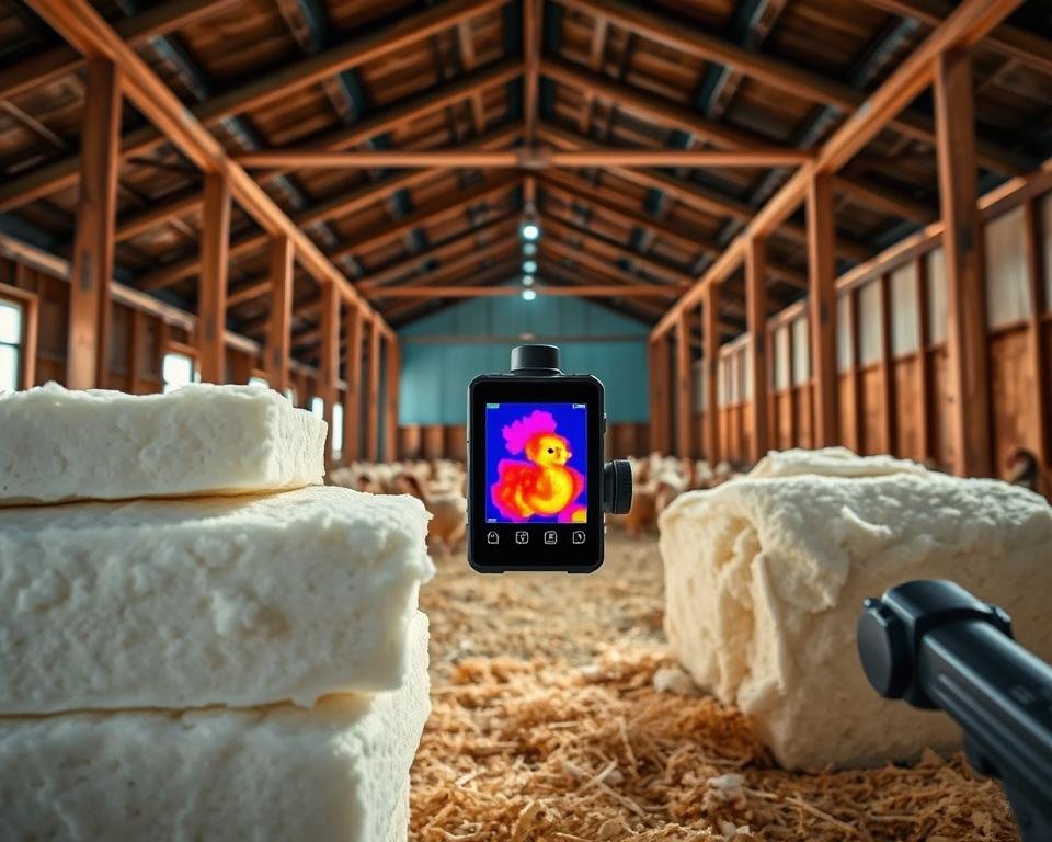 A well-lit poultry house interior, showcasing various insulation materials. In the foreground, fiberglass batts and spray foam insulation are prominently displayed, their textures and applications clearly visible. In the middle ground, a thermal imaging camera captures the heat signatures, highlighting the insulation's effectiveness. The background features the structural elements of the poultry house, with wooden beams and metal panels, creating a cohesive industrial aesthetic. The overall scene conveys a sense of informed decision-making, guiding the viewer through the technical aspects of selecting the optimal insulation for a poultry housing environment.