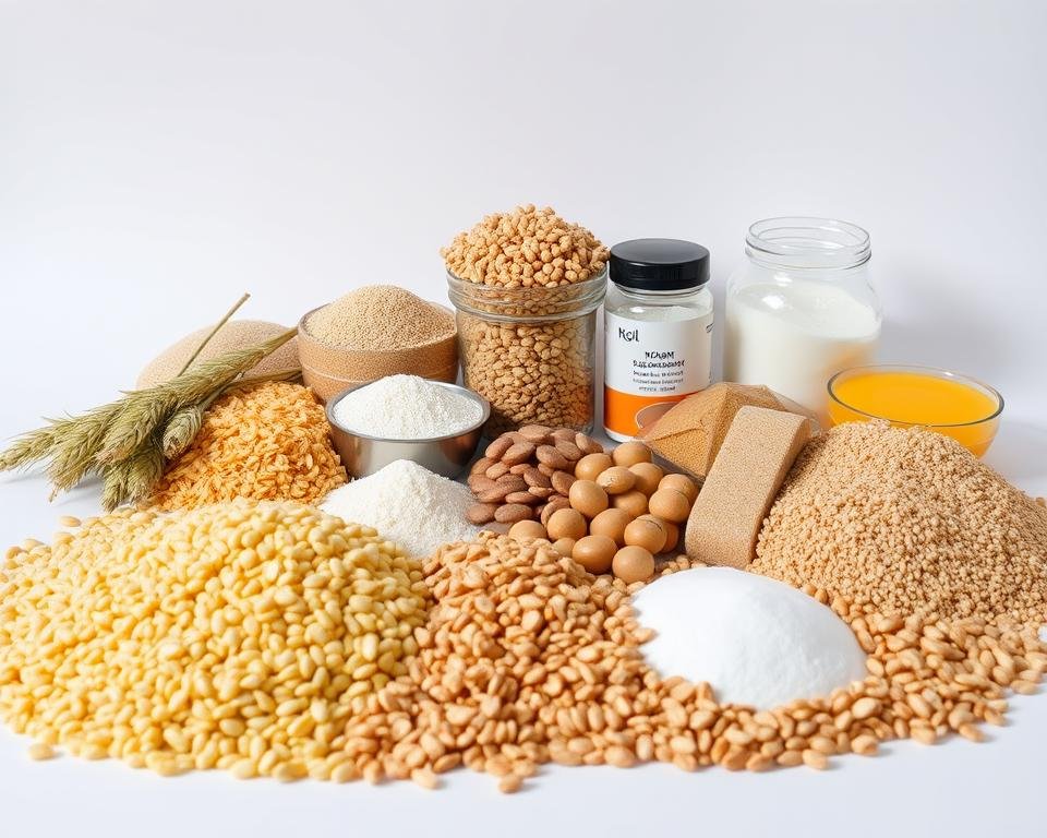 A well-lit still life showcasing an assortment of high-quality poultry feed ingredients. In the foreground, an arrangement of grains such as corn, wheat, and sorghum, alongside protein sources like soybean meal and sunflower seeds. In the middle ground, various mineral supplements and vitamins, meticulously organized. The background features a clean, white backdrop, with soft, directional lighting accentuating the textures and colors of the feed components. The overall composition conveys a sense of precision, quality, and attention to detail, reflecting the importance of feed production in ensuring optimal poultry nutrition.