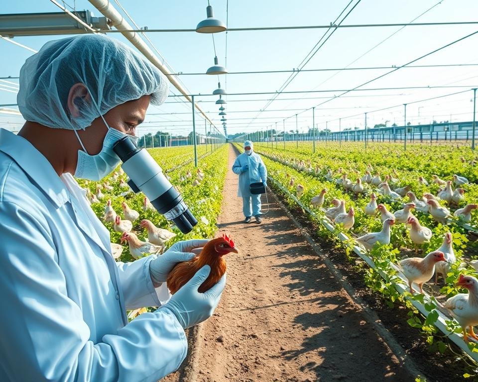 A well-lit, technologically-advanced poultry farm with modern biosecurity measures in place. In the foreground, a researcher in a white lab coat examines a chicken under a microscope, analyzing samples for signs of disease. In the middle ground, workers in protective gear disinfect equipment and vehicles entering the farm. In the background, rows of chicken coops are surrounded by lush, verdant foliage and a clear blue sky, indicating a clean, healthy environment. The scene conveys a sense of scientific rigor, attention to detail, and a comprehensive approach to avian disease prevention.