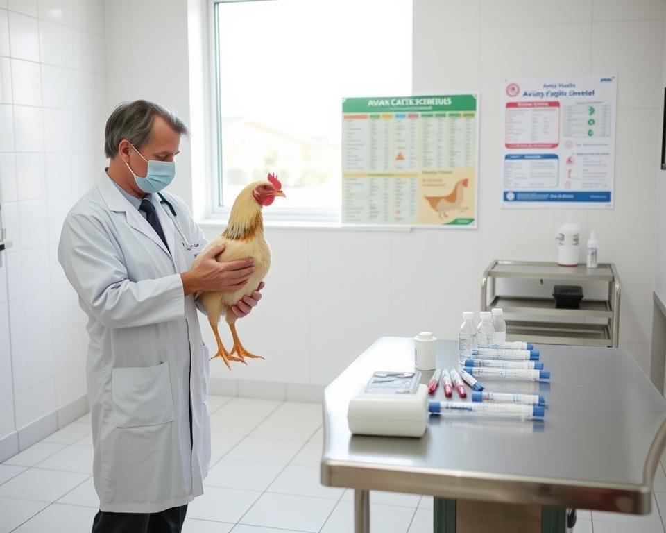 A well-lit veterinary clinic interior, with clean white walls and tile flooring. In the foreground, a veterinarian in a crisp white lab coat examines a chicken, gently holding its wing and checking its feathers. On a stainless steel examination table nearby, syringes, vials, and other medical equipment are neatly arranged. In the background, a large window allows natural light to flood the space, illuminating a poster displaying avian vaccination schedules and health indicators. The atmosphere conveys a sense of professionalism, care, and attention to detail in avian health management.