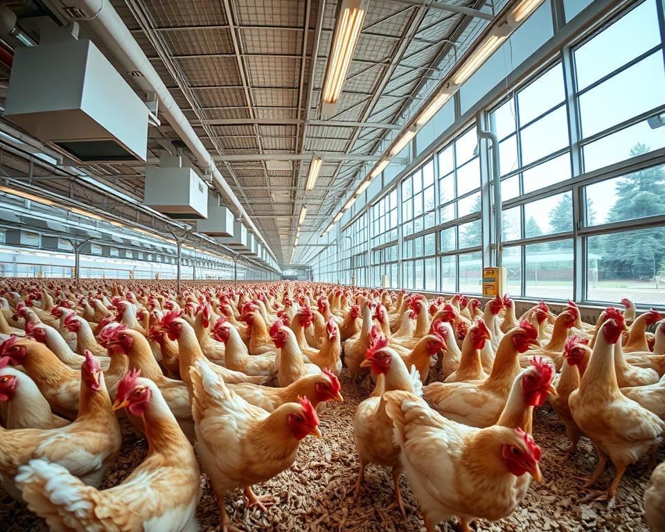 A well-lit, wide-angle photograph of a modern broiler chicken coop, showcasing the various environmental factors that impact broiler nutrition. In the foreground, a flock of healthy, plump broiler chickens forage on a bedding of clean, fresh litter. The middle ground features state-of-the-art climate control systems, with ventilation fans, feeders, and water dispensers. In the background, large windows allow natural sunlight to flood the coop, while an array of lighting fixtures provide supplemental illumination. The overall atmosphere conveys a sense of optimal conditions for broiler health and performance.