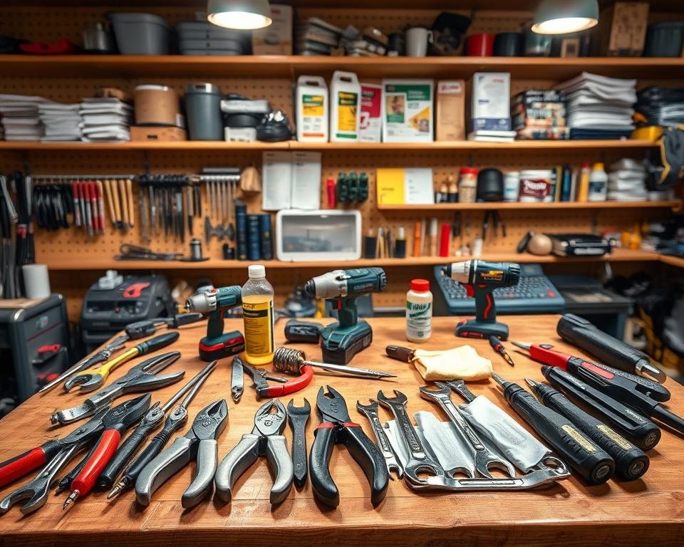 A well-lit workshop scene featuring an array of poultry equipment maintenance tools arranged on a sturdy wooden workbench. In the foreground, a set of pliers, screwdrivers, and wrenches of various sizes are neatly organized. In the middle ground, a cordless drill, a grinder, and a hoof trimmer sit alongside a bottle of lubricating oil and a clean rag. The background showcases shelves stocked with spare parts, manuals, and other poultry-specific maintenance supplies, all bathed in the warm glow of task lighting. The overall atmosphere conveys a sense of professionalism and attention to detail essential for keeping poultry equipment in optimal condition.