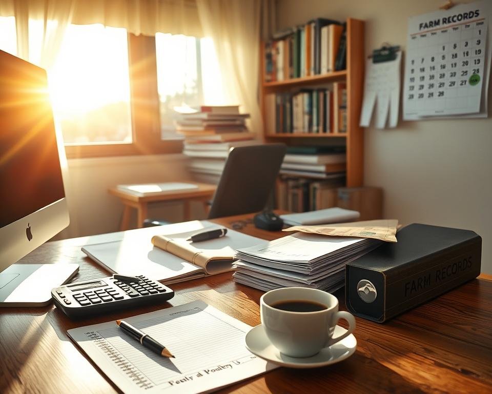 A well-organized aviculture farm office, with a desktop computer, financial ledgers, and a binder labeled "Farm Records". Sunlight streams through the window, casting a warm, productive glow. On the desk, a calculator, a pen, and a cup of coffee sit neatly arranged, conveying a sense of meticulous financial management. The background features shelves of reference books and a calendar highlighting important poultry-related dates. The overall scene exudes an atmosphere of efficiency, organization, and a dedicated focus on the financial aspects of aviculture operations.