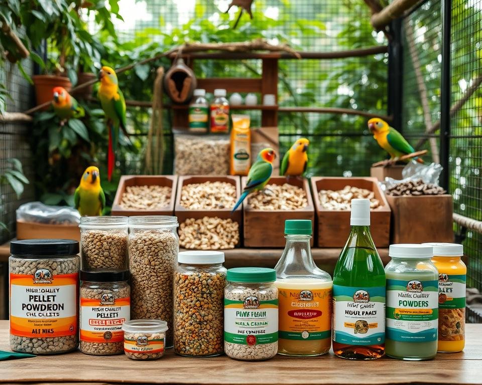 A well-stocked aviary with a variety of bird nutrition supplements displayed prominently. In the foreground, a selection of high-quality pellets, powders, and liquid supplements in stylized glass jars and bottles. In the middle ground, an array of birdseed and treats in rustic wooden containers. The background features lush greenery and a soft, natural lighting, creating a serene, earthy atmosphere. The image conveys a sense of care and attention to the nutritional needs of different avian species.