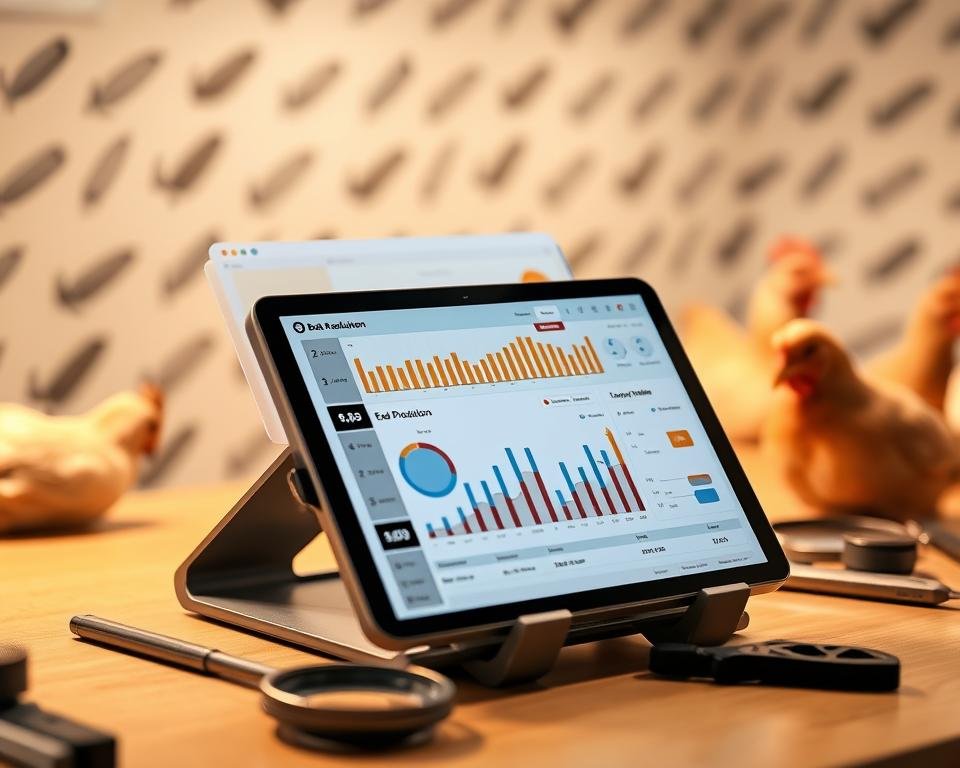 An ergonomic, modern data recording tool for aviculture, designed to streamline poultry farm operations. A high-resolution tablet device held in a sturdy, adjustable stand, displaying detailed charts and graphs analyzing key metrics like egg production, feed consumption, and bird health. The tool is situated on a clean, organized workbench, with a magnifying glass, caliper, and other precision instruments nearby, creating a professional, scientific atmosphere. Soft, directional lighting casts a warm glow, while the background features a subtle pattern of feathers, hinting at the tool's purpose in the avian world. The overall impression is one of efficiency, data-driven decision making, and a commitment to optimizing poultry farming.