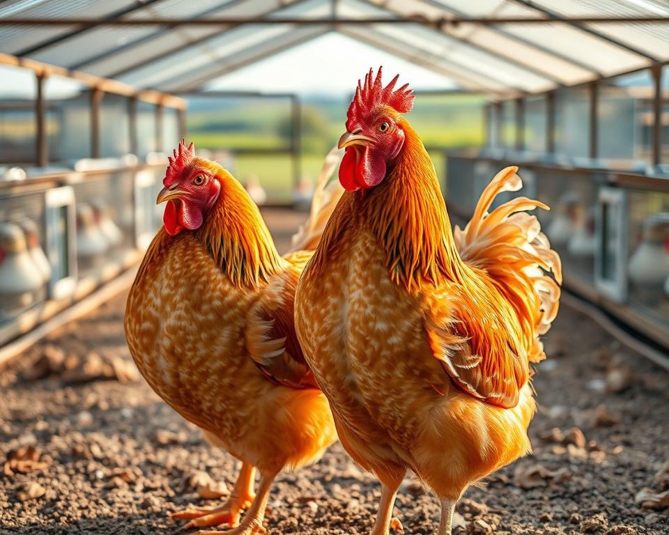 Avian breeding techniques, a captivating study of poultry performance. In the foreground, a pair of majestic chickens, their feathers glistening under warm, golden lighting. The birds stand tall, showcasing the desired traits for genetic selection - robust physique, vibrant plumage, and alert expressions. In the middle ground, a meticulously curated aviary, with clean, well-designed enclosures that provide the ideal environment for breeding. The background features a serene, pastoral landscape, suggesting the importance of natural harmony in aviculture. The overall scene conveys a sense of precision, dedication, and the art of elevating poultry through careful genetic selection.