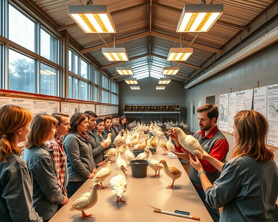 Aviculture best practices: a bright, modern farm classroom with large windows overlooking a well-organized aviary. Warm lighting from overhead fixtures illuminates the space, where a group of farm staff attentively listen to an instructor demonstrating proper bird handling techniques using lifelike avian models. Technical posters line the walls, providing detailed information on topics like disease prevention, feed optimization, and habitat design. A sense of focused professionalism and dedication to ethical animal husbandry permeates the scene.