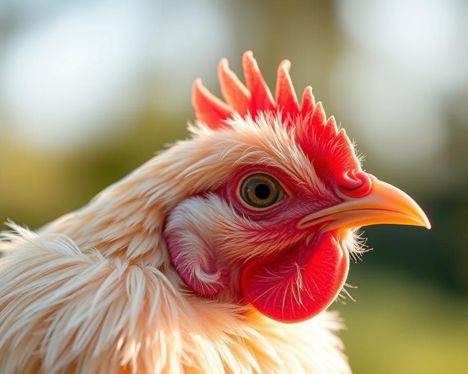 Detailed close-up of a vibrant, healthy chicken feather against a softly blurred natural background. The feather is meticulously rendered, showcasing its intricate barbs and vibrant iridescent sheen. Soft, warm lighting from the side accentuates the delicate structures and emphasizes the feather's role in the bird's overall health and well-being. The depth of field gently blurs the background, creating a sense of tranquility and focus on the feather as the central subject. The composition is balanced and visually pleasing, capturing the beauty and importance of avian health in a visually striking manner.
