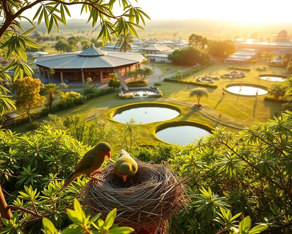 Lush, verdant aviary bathed in warm, golden sunlight. In the foreground, a pair of ethically-bred birds tend to their nest, feathers gleaming. Their spacious enclosure features natural perches, vegetation, and a serene pond. In the middle ground, other birds forage and preen, their movements graceful and unhurried. The background depicts a sprawling, eco-friendly facility with thoughtfully designed habitats, promoting the wellbeing of its avian residents. An atmosphere of peaceful coexistence and sustainable stewardship pervades the scene, a testament to ethical aviculture practices.