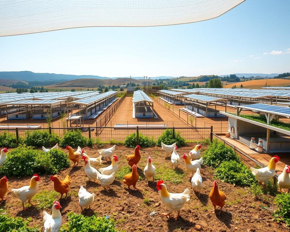 Poultry Housing Systems: A well-lit, modern poultry farm with neatly arranged, climate-controlled henhouses. The foreground features a group of contented chickens roaming in a spacious, fenced outdoor enclosure with lush vegetation. In the middle ground, the henhouses have a uniform, symmetrical layout, their roofs adorned with solar panels. The background showcases rolling hills and a clear, blue sky, conveying a sense of harmony between the farm and its natural surroundings. The overall scene radiates an atmosphere of compliance with regulations and industry standards, promoting the optimal health and productivity of the flock.