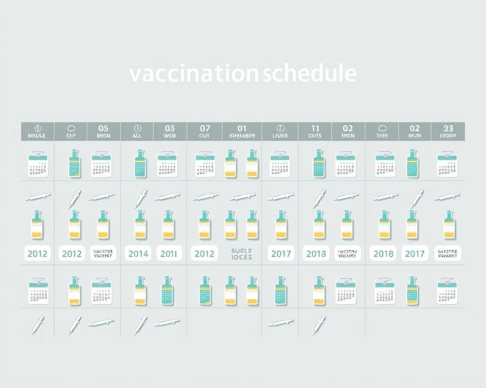 Poultry vaccination schedule: a meticulously organized grid of syringe icons, vaccine bottles, and calendar dates. Crisp, clean medical illustration style with muted color palette of grays, blues, and greens. Clear, technical layout with precise icons and minimal text. Soft directional lighting from the top-left illuminates the scene, casting subtle shadows. Tight, centered composition emphasizes the structured, clinical nature of the vaccination program. Conveys a sense of efficiency, professionalism, and attention to detail crucial for successful poultry health management.