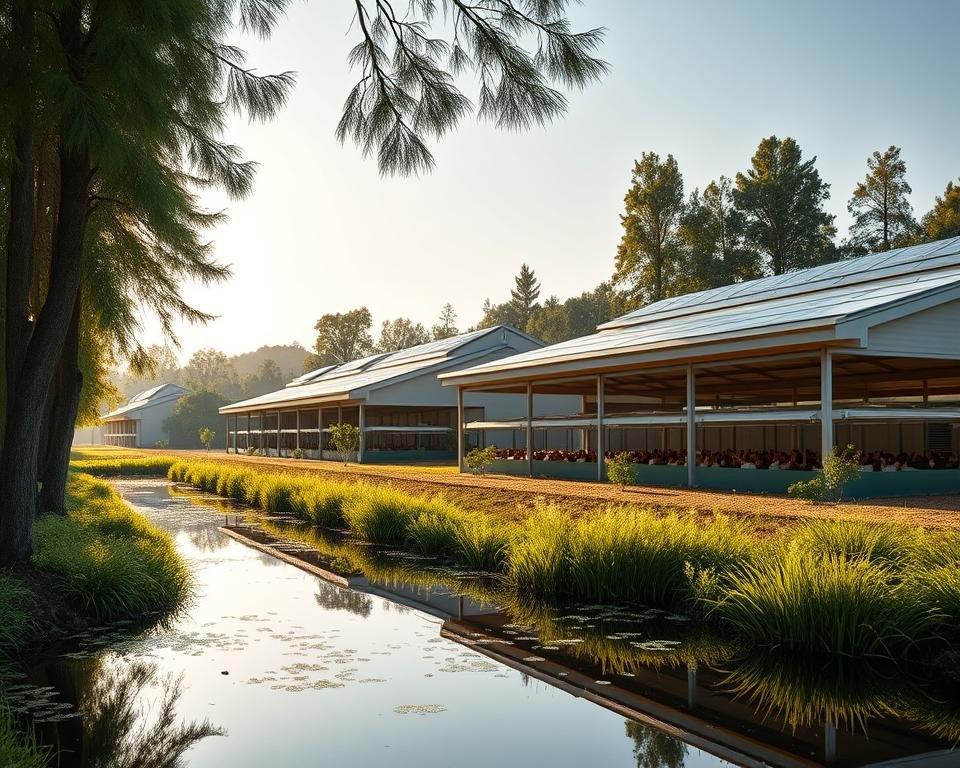 Sustainable commercial poultry houses nestled amidst lush greenery, bathed in warm, natural lighting. Spacious, well-ventilated structures with smart, energy-efficient features, designed to optimize bird welfare and productivity. Solar panels adorning the roofs, harnessing renewable energy to power the facilities. Rows of chicken coops with ample space for the birds to roam, equipped with innovative climate control systems. In the foreground, a tranquil pond reflecting the picturesque scene, surrounded by tall, swaying trees. The overall atmosphere conveys a harmonious balance between modern, sustainable technology and the pastoral charm of an eco-friendly poultry farm.