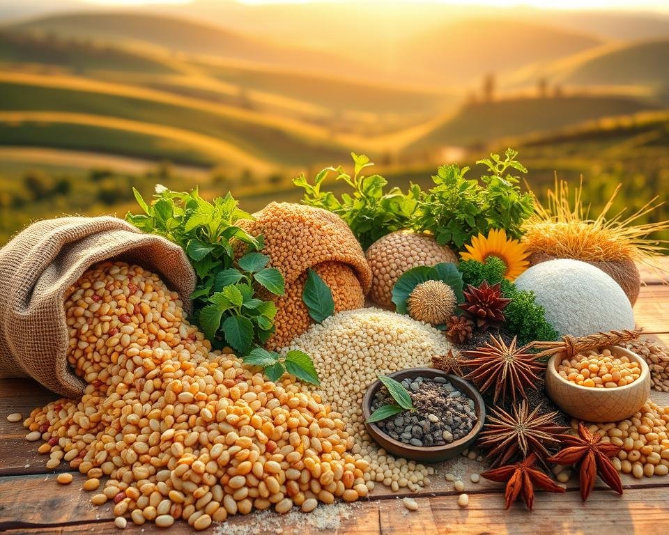 Vibrant arrangement of top poultry feed ingredients on a rustic wooden table. In the foreground, a variety of grains like corn, wheat, and sorghum spill out of burlap sacks. Surrounding them, a scattering of soybeans, sunflower seeds, and crushed limestone. In the middle ground, leafy greens like alfalfa and clover fan out, complemented by the earthy tones of dried herbs and spices. The background features a backdrop of lush, rolling hills, bathed in warm, golden afternoon light, conveying a sense of abundance and regional diversity. Captured with a wide-angle lens to emphasize the depth and variety of the ingredients.