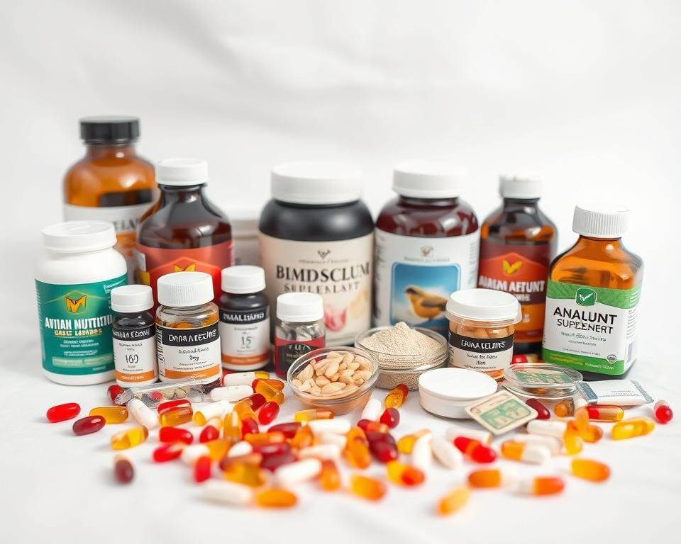 a still life photograph of avian nutrition supplements on a white seamless background, featuring an assortment of vitamin and mineral capsules, powders, and liquid supplements in various containers and packaging, arranged in a visually appealing composition with soft, even lighting and a shallow depth of field to emphasize the foreground elements. The image should convey a sense of quality, care, and attention to the nutritional needs of birds.