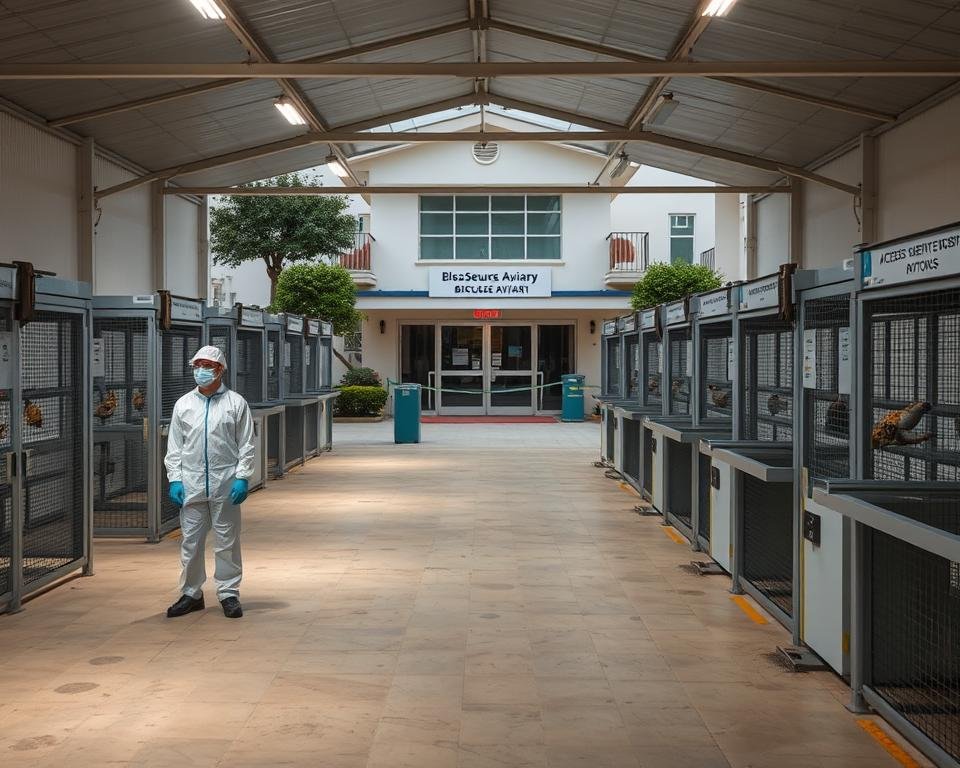 A biosecure aviary with meticulously arranged security measures. In the foreground, a worker in protective gear inspects the premises, while the middle ground showcases state-of-the-art disinfection stations and access control points. The background features a well-maintained exterior with signage indicating strict biosecurity protocols. Soft, diffused lighting illuminates the scene, creating an atmosphere of diligence and vigilance. The camera angle emphasizes the comprehensive nature of the biosecurity measures, conveying a sense of safety and responsibility in avian husbandry.