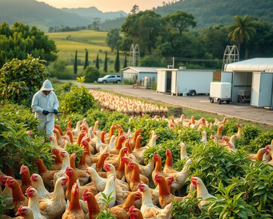 A biosecure poultry farm in a lush, verdant landscape. In the foreground, workers in protective gear inspect a healthy flock of chickens, ensuring proper biosecurity protocols are followed. The middle ground showcases modern, well-ventilated coops with automated feeding and watering systems. In the background, a state-of-the-art disinfection station and vehicle wash bay maintain the sterile perimeter. Warm, diffused lighting casts a serene atmosphere, conveying the importance of comprehensive biosecurity measures to safeguard avian health and productivity.