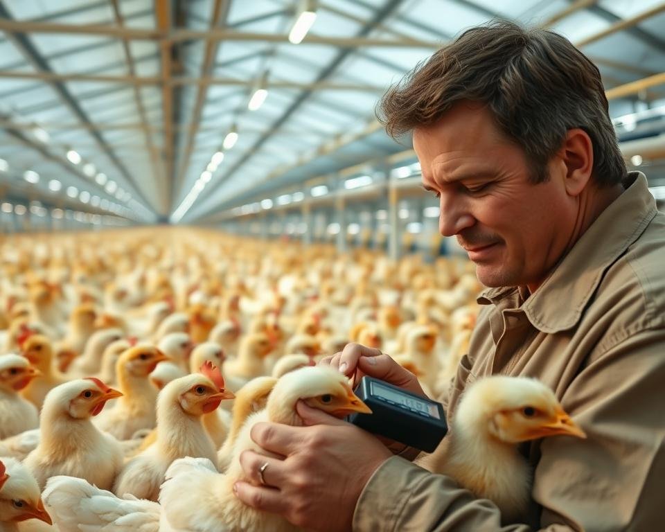 A bright, well-lit commercial broiler chicken farm, with rows of modern, climate-controlled chicken houses in the background. In the foreground, a farmer closely examines a group of plump, healthy broiler chicks, meticulously measuring their growth and feed conversion rates using digital equipment. The atmosphere conveys a sense of diligent monitoring and optimization, with the farmer's expression indicating careful observation and data-driven decision making. The scene is captured from a slightly elevated angle, using a wide-angle lens to showcase the scale and attention to detail in the broiler management process.