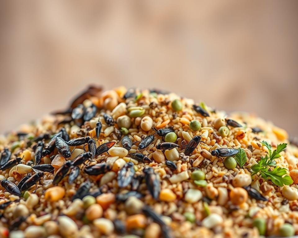 A brightly lit, close-up photograph of various alternative protein sources for poultry, such as insects, algae, and plant-based meals, arranged in a dynamic, artistic composition. The foreground features an assortment of these alternative feeds, each with distinct textures and colors, displayed against a neutral, slightly blurred background that allows the subject to take center stage. The lighting is soft and diffused, creating a warm, inviting atmosphere that highlights the nutritional value and potential benefits of these innovative poultry feed options.