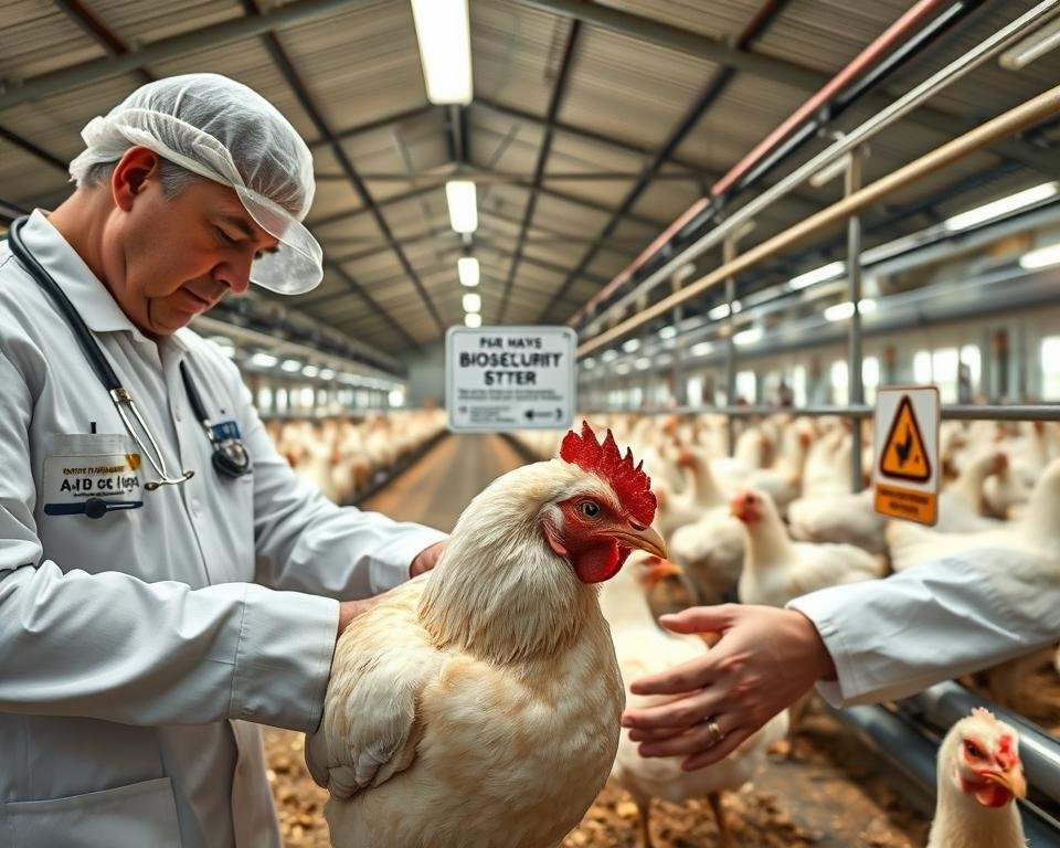 A brightly lit, close-up view of a poultry farm setting, showcasing the essential elements of disease prevention. In the foreground, a veterinarian carefully examines a healthy chicken, checking its feathers and vital signs. The middle ground features a range of biosecurity measures, including disinfectant foot baths, a hand-washing station, and signage reminding visitors to follow biosecurity protocols. In the background, the clean, well-maintained poultry houses and housing equipment convey a sense of meticulous care and attention to detail. The overall atmosphere is one of professionalism, diligence, and a commitment to safeguarding the health and well-being of the flock. A brightly lit, close-up view of a poultry farm setting, showcasing the essential elements of disease prevention. In the foreground, a veterinarian carefully examines a healthy chicken, checking its feathers and vital signs. The middle ground features a range of biosecurity measures, including disinfectant foot baths, a hand-washing station, and signage reminding visitors to follow biosecurity protocols. In the background, the clean, well-maintained poultry houses and housing equipment convey a sense of meticulous care and attention to detail. The overall atmosphere is one of professionalism, diligence, and a commitment to safeguarding the health and well-being of the flock.
