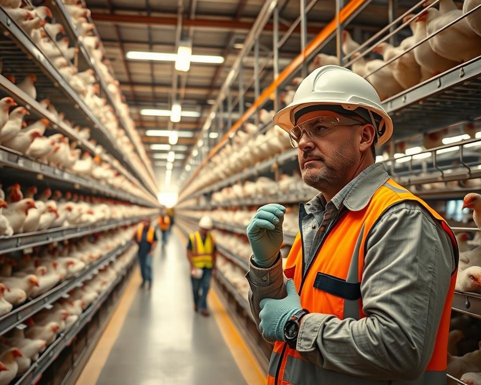 A brightly lit industrial interior, with towering shelves lining the walls. In the foreground, a poultry worker in full protective gear - helmet, goggles, gloves, and a high-visibility vest - carefully inspects a row of hanging cages. The worker's expression is focused, their movements deliberate, as they check for any signs of hazards or potential risks. In the middle ground, other workers move about, maintaining the facility and attending to the birds. The atmosphere is one of diligence and safety-consciousness, with clear pathways, well-organized equipment, and a general sense of order. Overhead, industrial lighting casts a warm, even glow, illuminating the scene and emphasizing the importance of health and wellness programs in this critical agricultural setting.