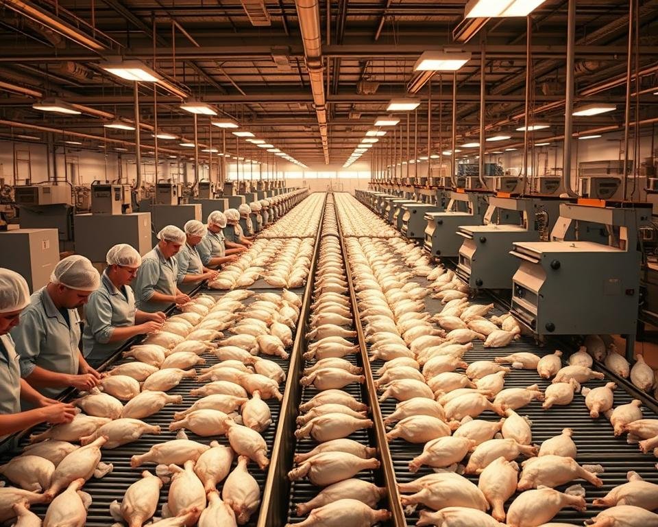 A bustling poultry processing facility, bathed in warm, industrial lighting. In the foreground, skilled workers efficiently move through the assembly line, meticulously handling chickens with care and precision. The middle ground showcases state-of-the-art machinery, smoothly processing the birds with automated efficiency. In the background, a sense of order and organization prevails, with organized storage, logistics, and transportation systems. The overall atmosphere conveys a well-oiled, high-productivity environment, where attention to detail and seamless teamwork drive the optimization of the poultry industry.