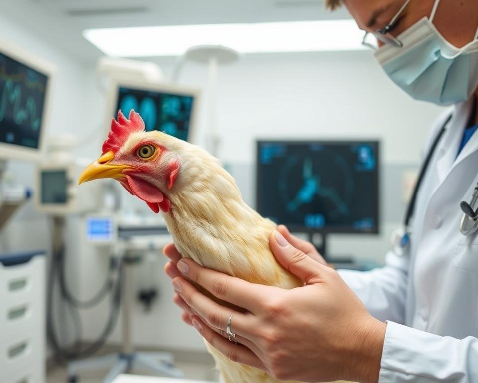 A clinical examination room with a bright, sterile atmosphere. In the foreground, a veterinarian gently examining a chicken, evaluating its response to various pain stimuli. The bird's expression conveying a sense of discomfort, yet the veterinarian's caring touch suggests a thoughtful, humane approach to assessment. In the background, medical equipment and diagnostic displays provide insights into the bird's condition. Soft, diffused lighting illuminates the scene, emphasizing the importance of thorough, methodical evaluation of poultry pain management strategies.