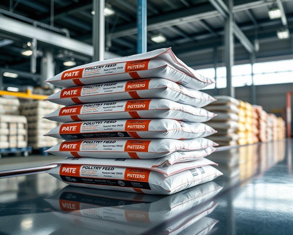 A close-up, high-quality photograph of a stack of neatly arranged poultry feed bags in a well-lit, industrial setting. The packaging is designed with clear labeling, vibrant graphics, and a modern aesthetic, reflecting the premium quality of the feed product. The bags are positioned on a smooth, reflective surface, casting subtle shadows that add depth and dimension to the composition. The lighting is soft and directional, highlighting the textural details of the packaging material. The overall scene conveys a sense of professionalism, efficiency, and attention to detail in the feed manufacturing process.