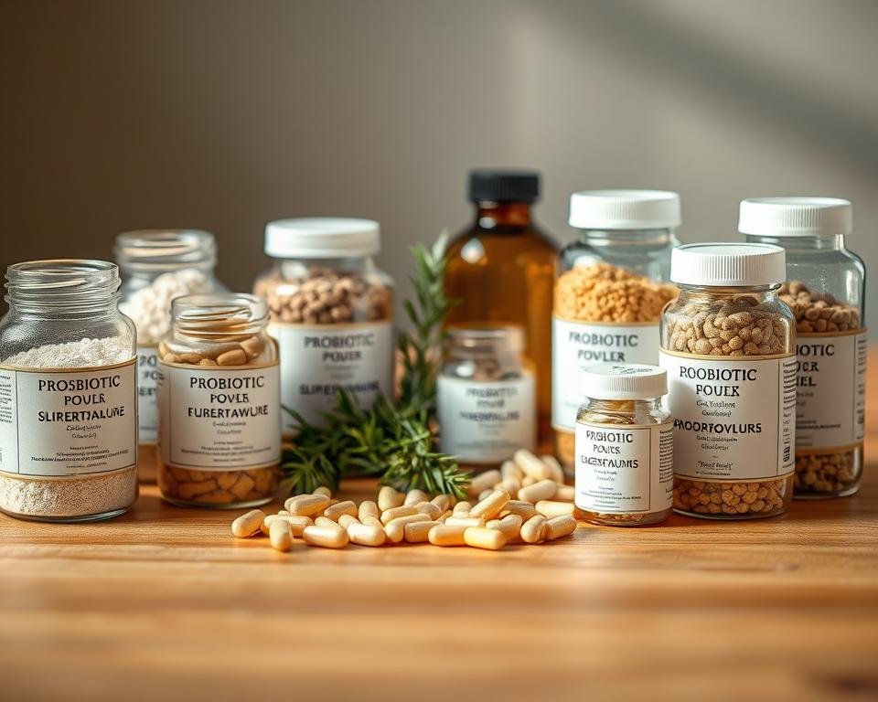 A close-up shot of various probiotic supplements for poultry, arranged artfully on a warm-toned wooden surface. The foreground features an assortment of glass jars and bottles filled with powder, granules, and capsules, each labeled with the probiotic strain or blend. The middle ground showcases a few fresh herbs, such as rosemary and thyme, to represent the natural sources of gut-supporting compounds. The background is softly blurred, creating a calm, inviting atmosphere that emphasizes the focus on the probiotic products. Soft, directional lighting casts subtle shadows, highlighting the textures and colors of the supplements. The overall composition conveys a sense of scientific precision and natural wellness, reflecting the topic of optimizing poultry gut health through dietary strategies.