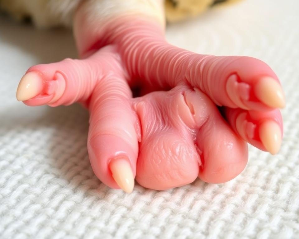 A close-up view of a healthy poultry foot, showcasing well-developed, pink, and supple footpads. The foot is resting on a clean, textured surface, with soft, natural lighting illuminating the details. The toes are spread slightly, revealing the intricate scales and prominent claws. The overall impression conveys the importance of proper nutrition in maintaining strong, resilient footpads, free from lesions or abnormalities. The image should emphasize the role of a balanced diet in supporting poultry foot health, as per the article's focus on "The Role of Nutrition in Prevention".