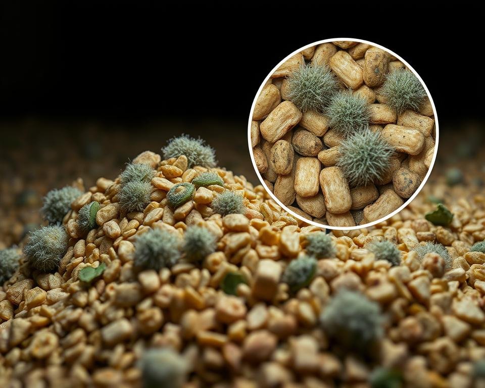 A close-up view of contaminated poultry feed with visible mycotoxin growth. The foreground shows a pile of coarse, discolored grains and pellets, dotted with fuzzy, greenish-blue mold formations. The middle ground features a magnified view of the mycotoxin-ridden feed, capturing the textural details and the intricate patterns of the fungal colonies. The background is dimly lit, conveying a sense of concern and the economic impact of this issue. The lighting is soft, with shadows accentuating the irregular shapes of the contaminated material. The camera angle is slightly tilted, creating a sense of unease and the gravity of the situation.