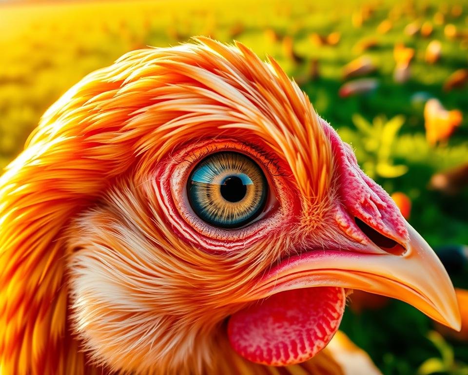 A closeup view of a chicken's eye, capturing the intricate patterns and vibrant hues of its iris. In the background, a flock of hens forages in a lush, verdant field, their feathers glistening in the warm, golden sunlight. The scene conveys a sense of scientific curiosity and the interconnectedness of avian genetics, biology, and the economics of modern poultry farming. The lighting is soft and natural, creating a sense of depth and atmosphere. The camera angle is slightly elevated, providing a unique perspective on the subject matter.